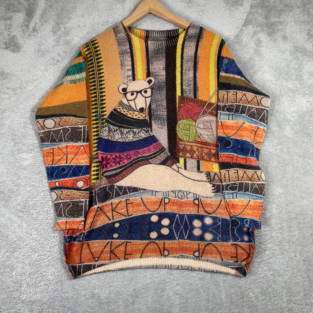 Polar Bear Knitting Sweater Adult XL Retro Colurful Art To Wear Indie